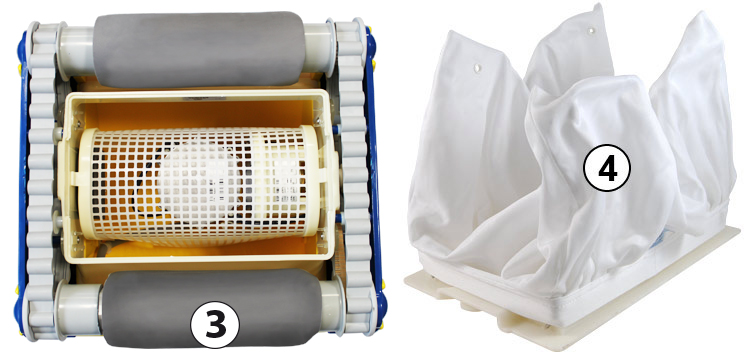 Blocco motore del Robot Aquabot Bravo, Sacco filtrante Ultra fine da 2 micron sul suo supporto Blocco motore del Robot Aquabot Bravo, Sacco filtrante Ultra fine da 2 micron sul suo supporto