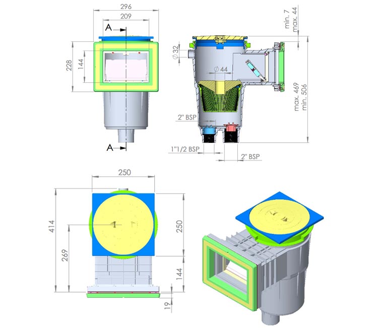 Dimensioni dello skimmer espresse in mm