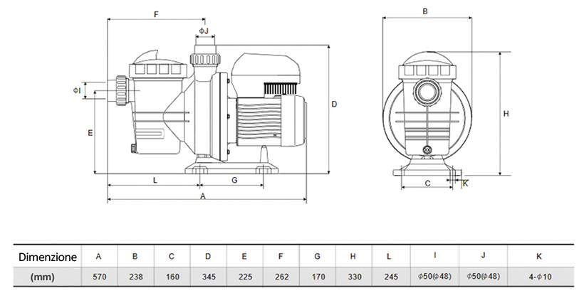 Dimenzione pompa Caliente VS 1.5CV a velocità variabile
